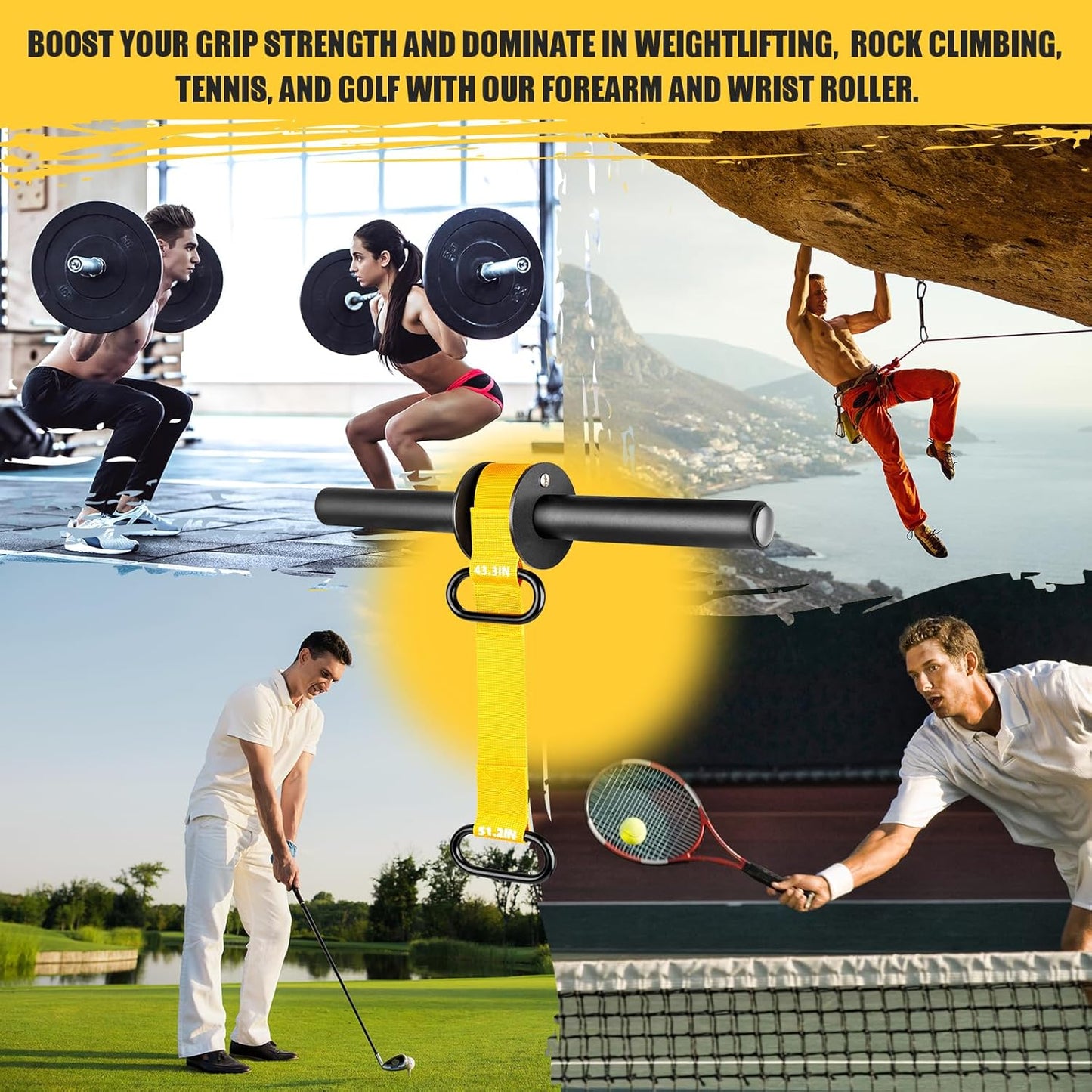 Forearm Strengthener and Wrist Roller, 43.3 in or 51.2 in Ultra-Strong Nylon Webbing Wrist & Forearm Blaster with Quick Locking Mechanism, Durable Anti-Slip Grip Handles for Forearm Strength Training