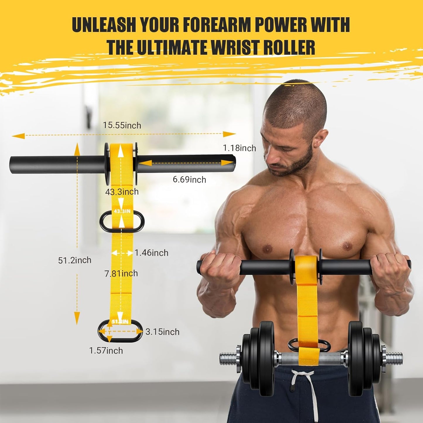 Forearm Strengthener and Wrist Roller, 43.3 in or 51.2 in Ultra-Strong Nylon Webbing Wrist & Forearm Blaster with Quick Locking Mechanism, Durable Anti-Slip Grip Handles for Forearm Strength Training